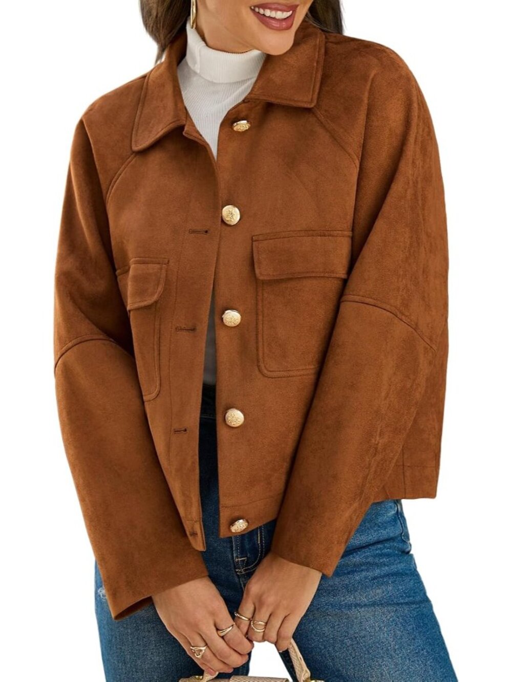 Women’s Brown Faux Suede Shacket Button Down Lapel Collar Cropped Jacket